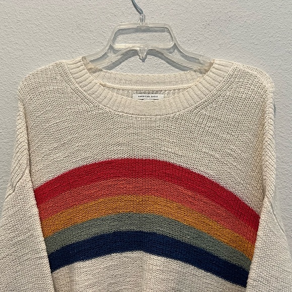 American Eagle Cropped Sweater Ivory Jewel Tone Rainbow Drop Slouchy Sleeves M - Picture 4 of 7